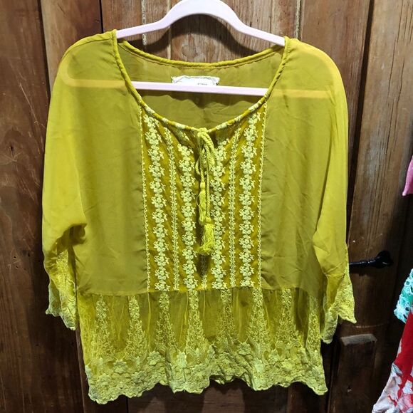 A’REVE WOMENS MEDIUM SHEER LACE BOHO TOP BLOUSE PEASANT COTTAGE BOHEMIAN - Picture 5 of 8